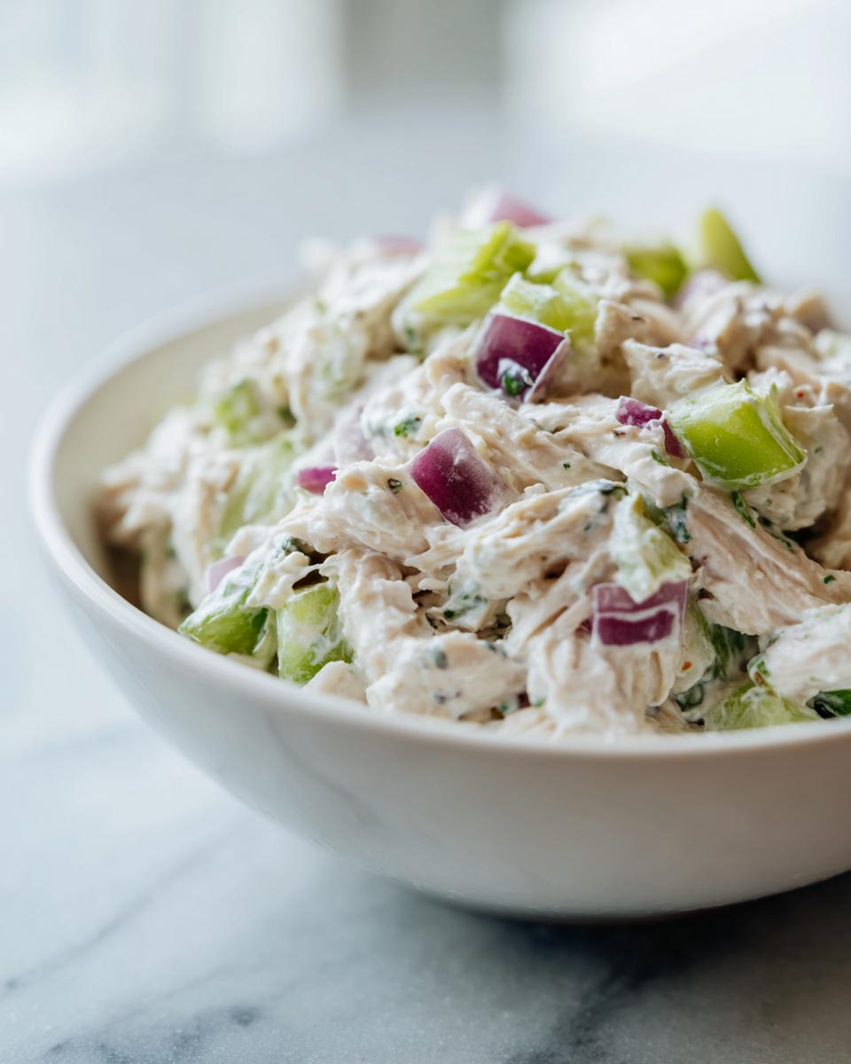Close-up of creamy cottage cheese chicken salad mixed with chunks of red onion and celery in a white bowl.