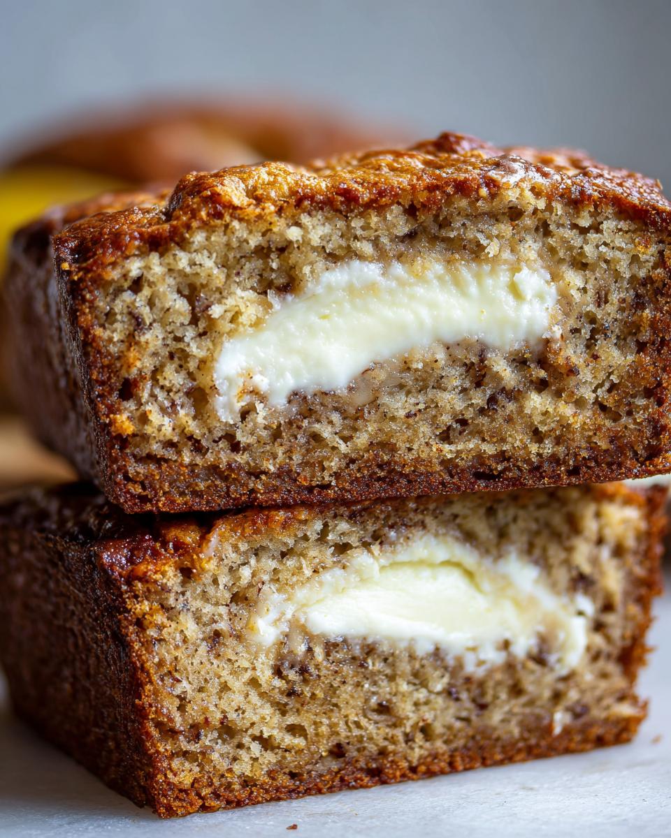 Two stacked slices of moist cream cheese banana bread showing a rich, golden-brown crust and a thick, creamy white cream cheese swirl center.