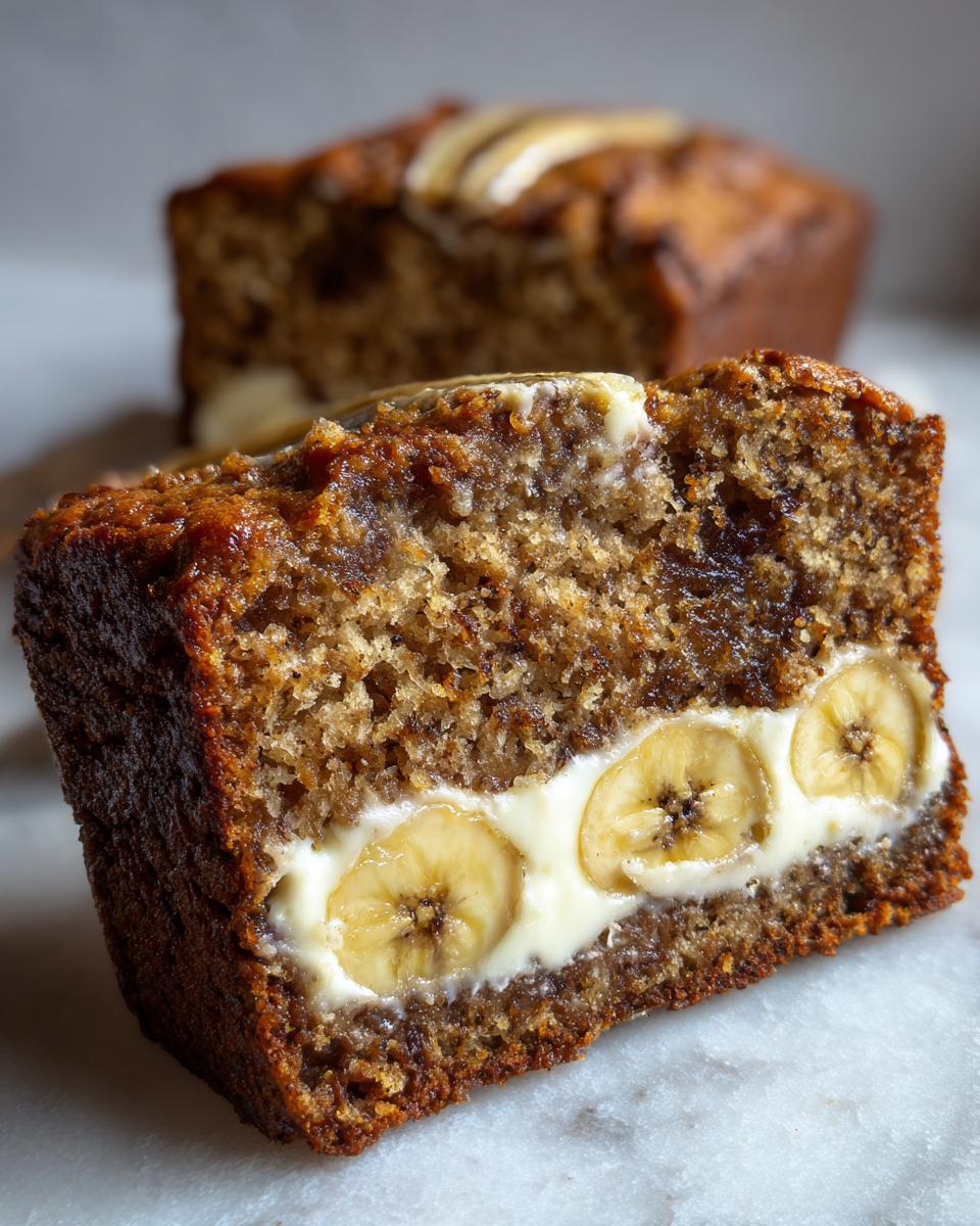 A close-up slice of moist cream cheese banana bread featuring a layer of cream cheese and banana slices baked inside.