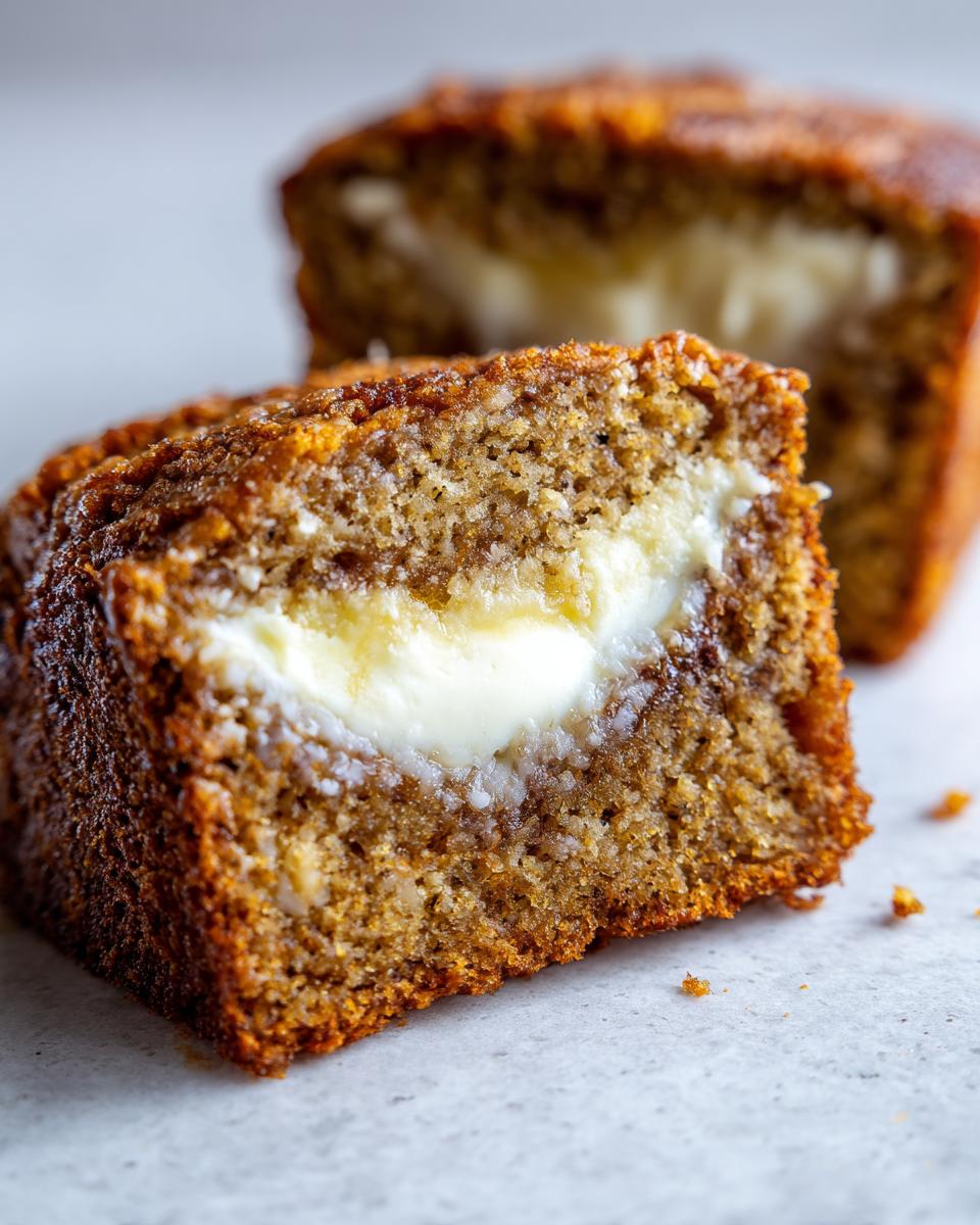 Close-up of a slice of moist cream cheese banana bread showing a rich cream cheese swirl inside.