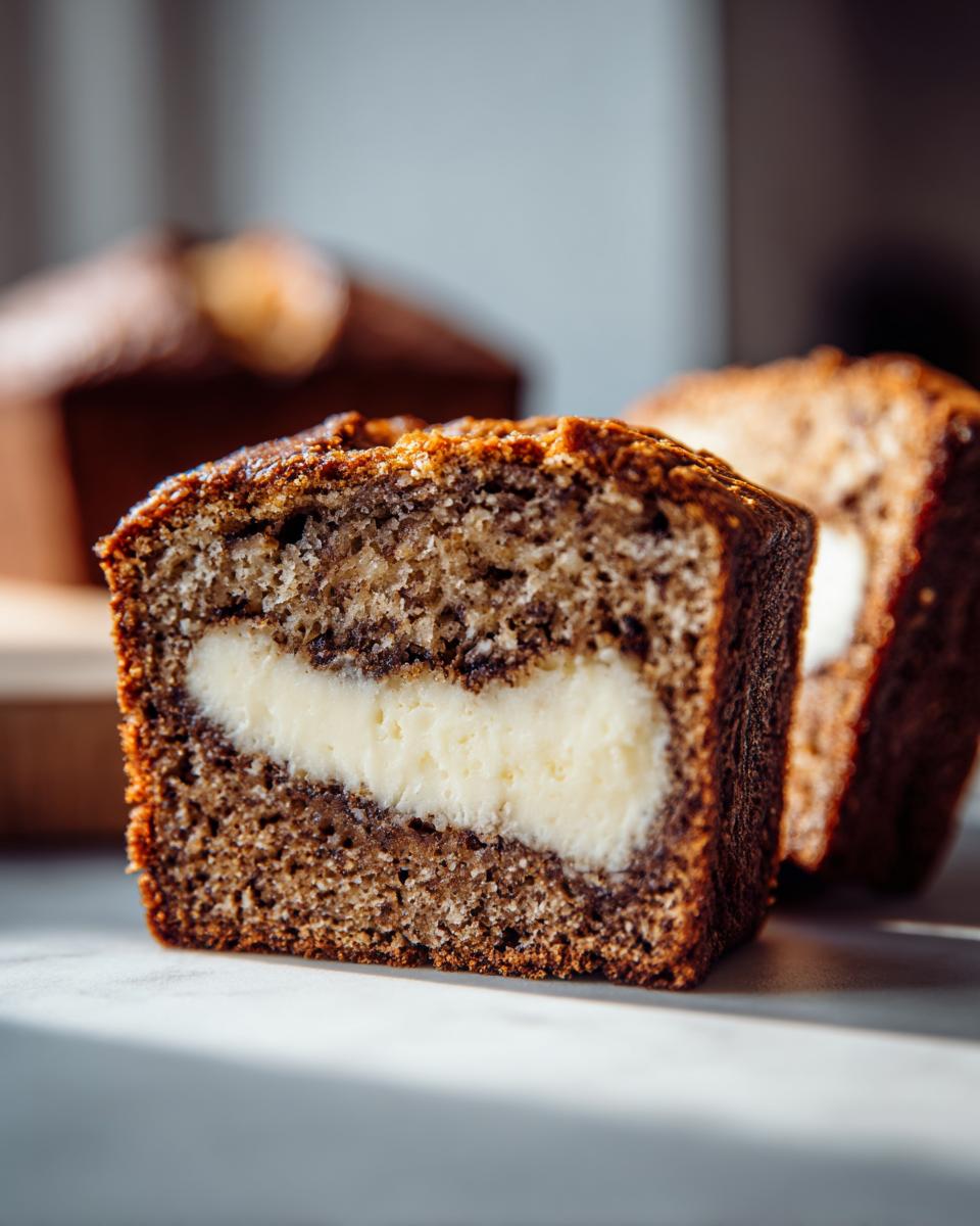 Close-up of a slice of cream cheese banana bread showing the rich brown cake surrounding a thick, creamy white center.