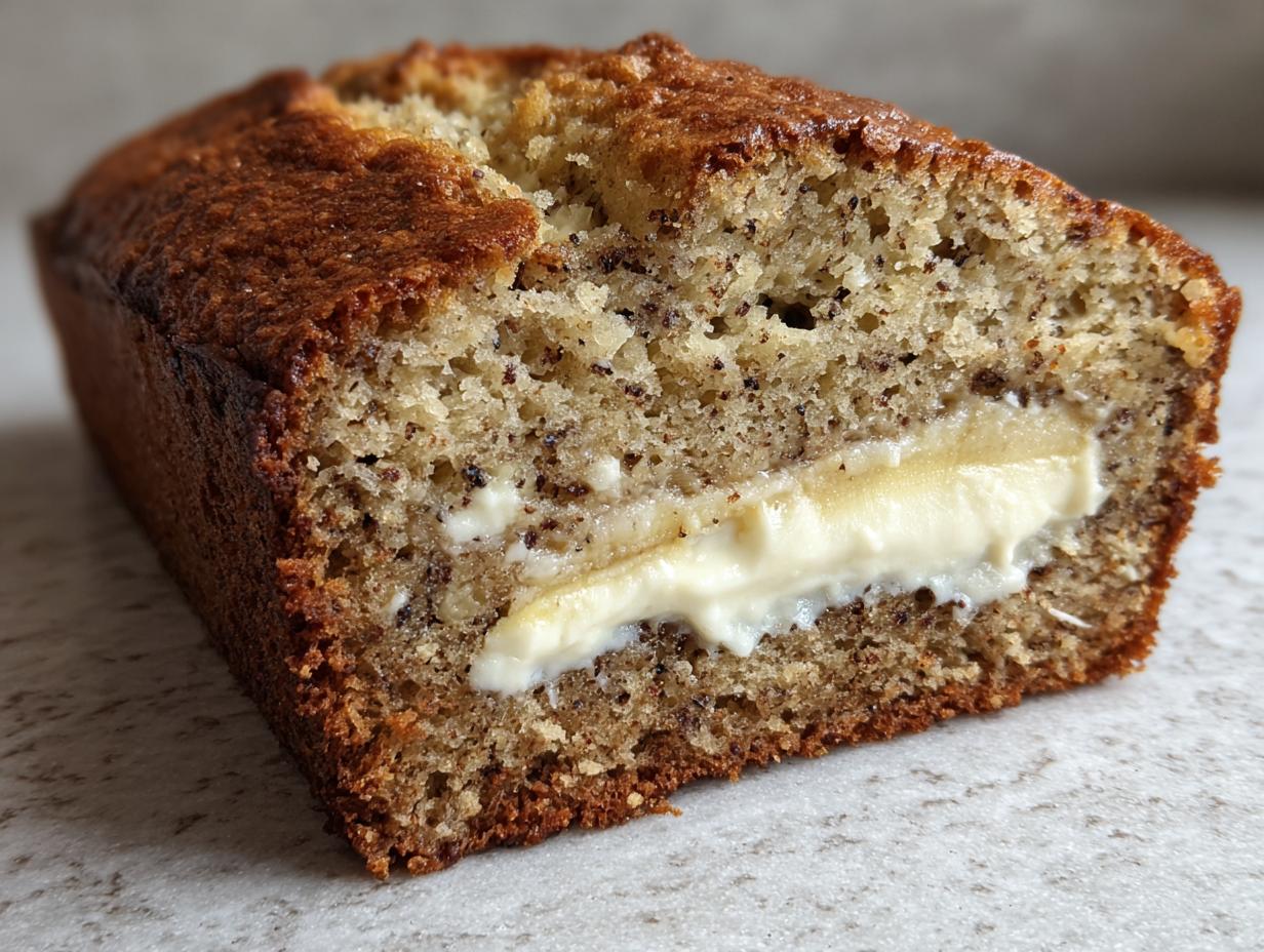 Close-up of a slice of moist cream cheese banana bread showing a rich cream cheese swirl in the center.