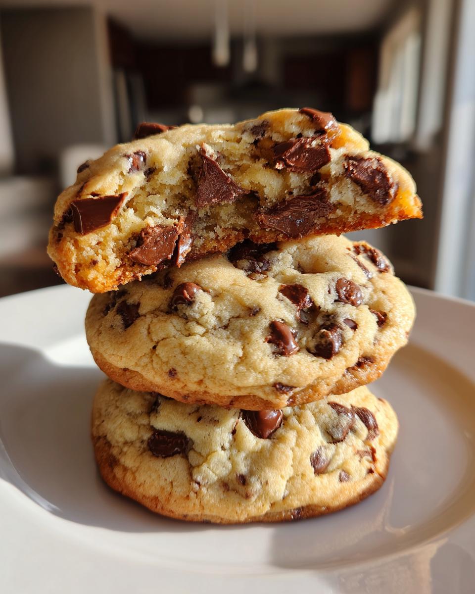 A stack of three soft cream cheese chocolate chip cookies, with the top one broken in half revealing a gooey center.