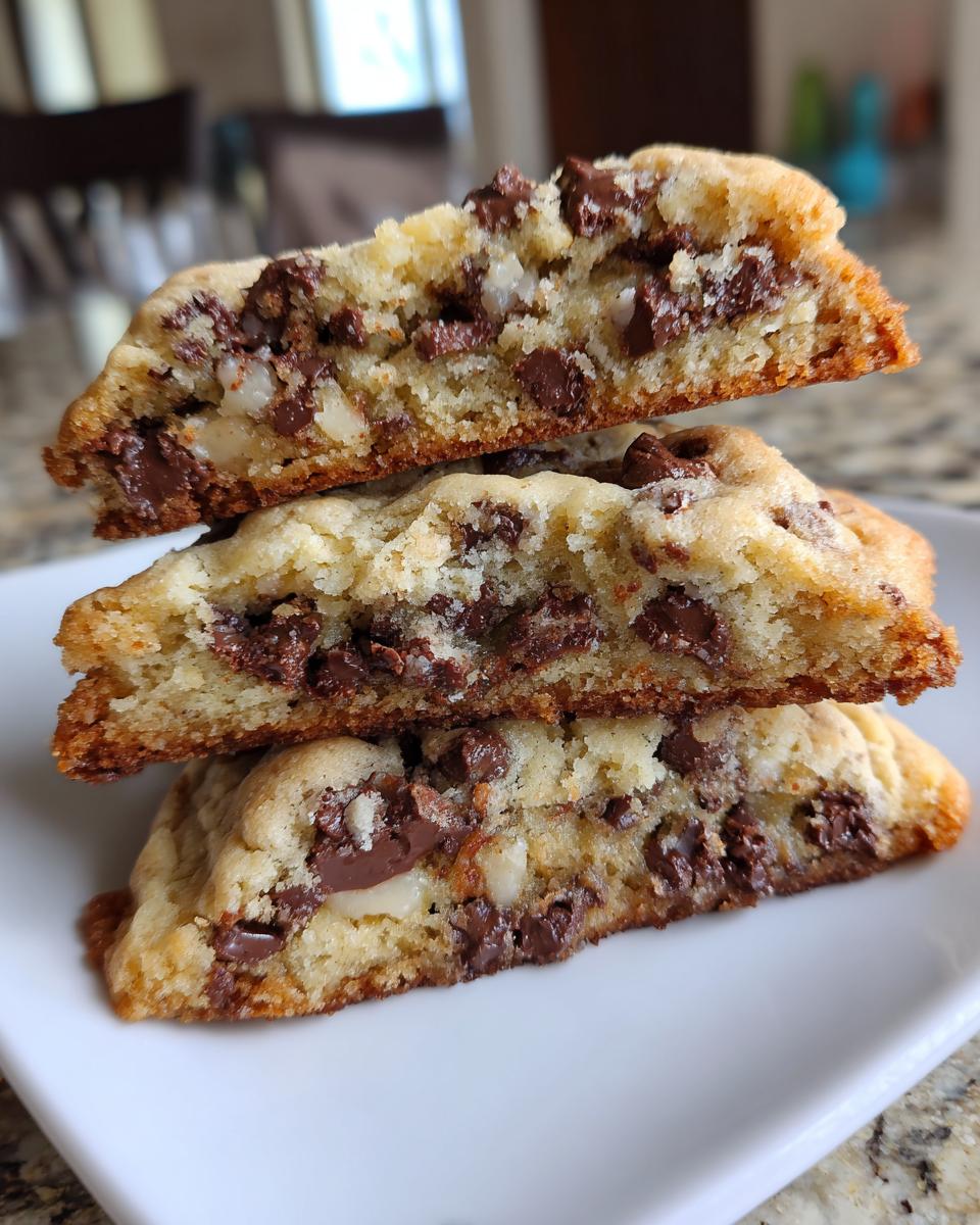 Three halves of soft cream cheese chocolate chip cookies stacked, showing the gooey interior and melted chocolate chips.