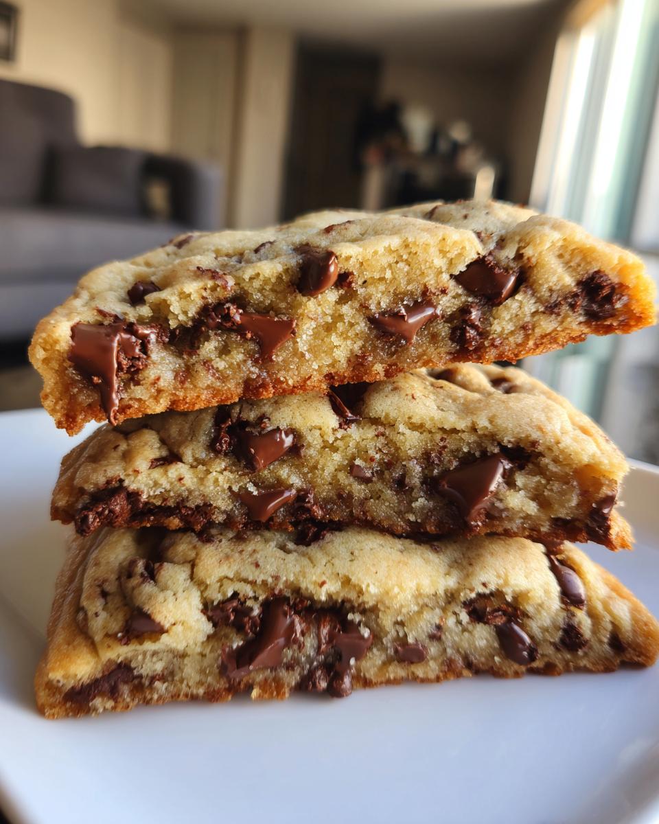 Three halves of soft cream cheese chocolate chip cookies stacked, showing gooey melted chocolate chips inside.