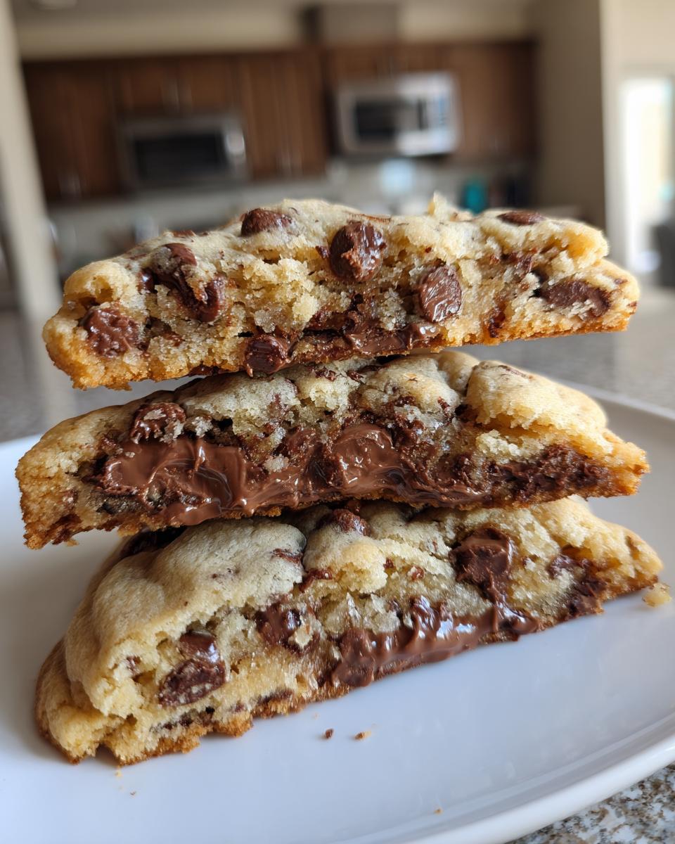 Three halves of gooey cream cheese chocolate chip cookies stacked, showing melted chocolate centers.