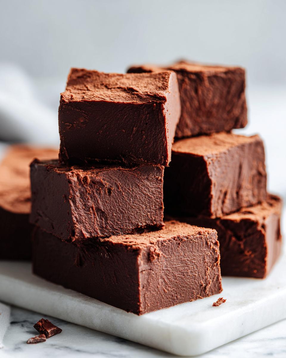 A stack of rich, dark chocolate fudge squares dusted with cocoa powder, sitting on a white marble surface.