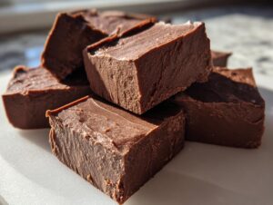 Close-up stack of rich, dark chocolate fudge squares showing a creamy texture.