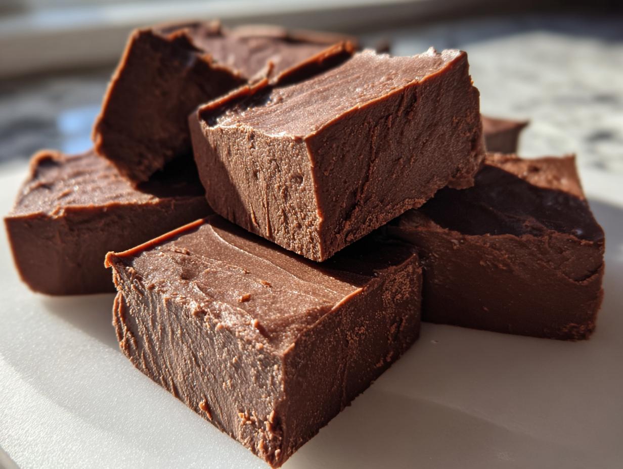 Close-up stack of rich, dark chocolate fudge squares showing a creamy texture.
