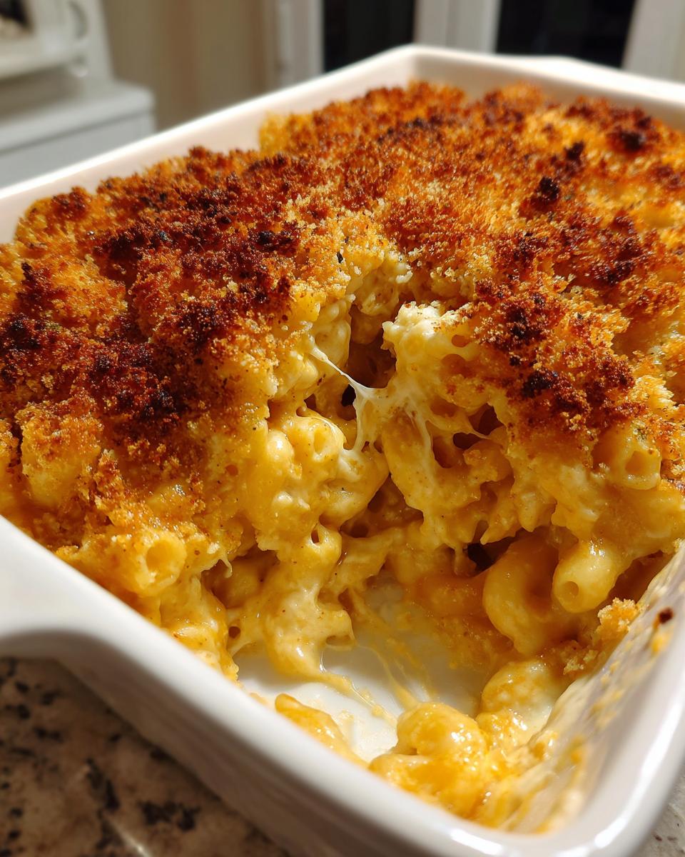 Close-up of creamy baked mac and cheese with a deeply browned, crispy breadcrumb topping, showing cheese pull.
