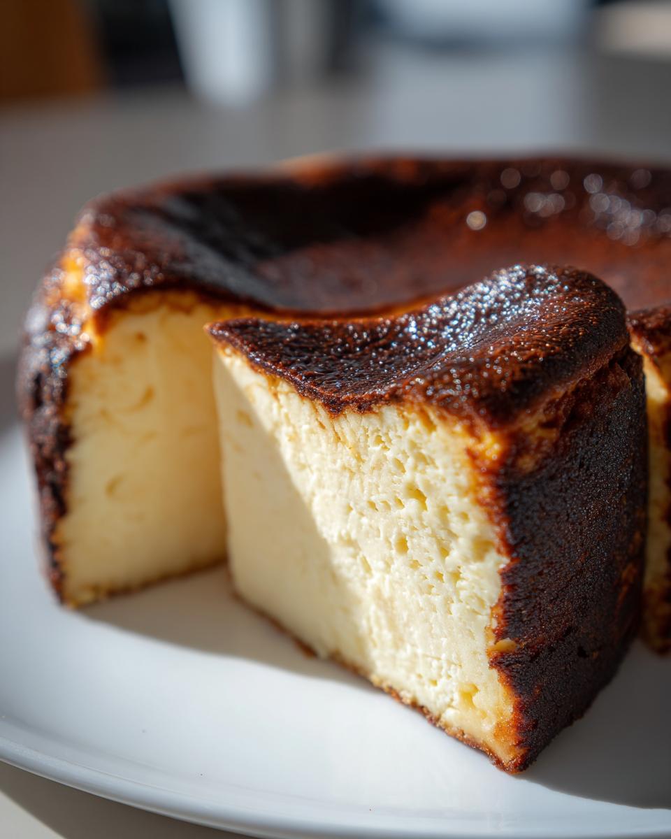 A close-up of a creamy slice of Basque cheesecake showing its signature dark, caramelized top.