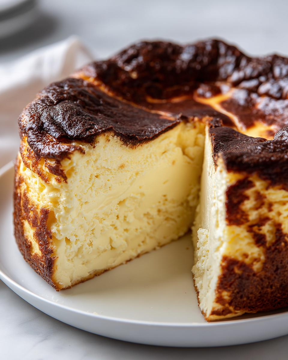 Close-up of a Basque cheesecake with a slice cut out, showing the creamy interior and dark, caramelized top.
