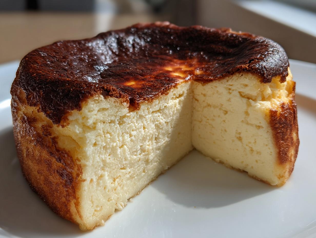 A close-up view of a slice removed from a Basque cheesecake, showing its creamy interior and signature dark, caramelized top.