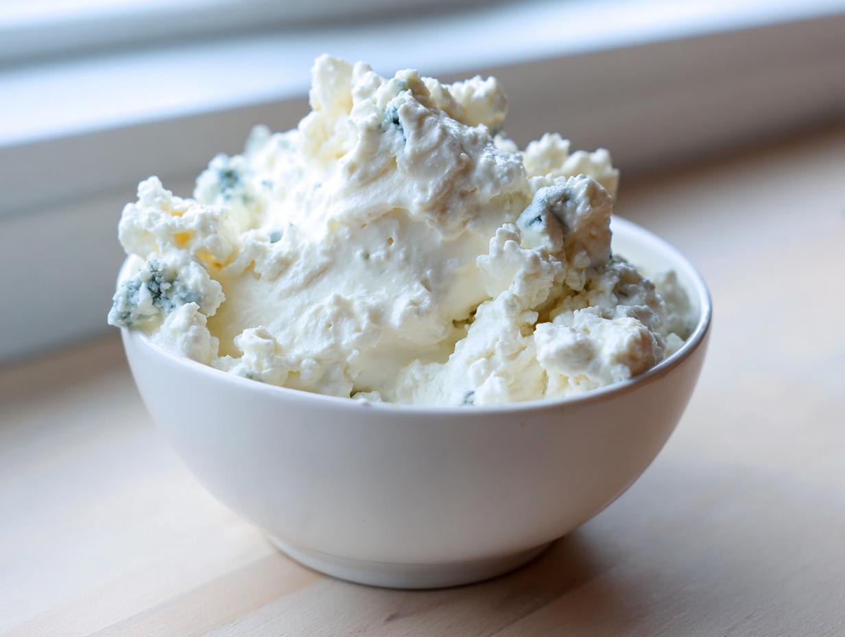 A white bowl generously filled with chunky, creamy blue cheese dip ingredients, ready for mixing.