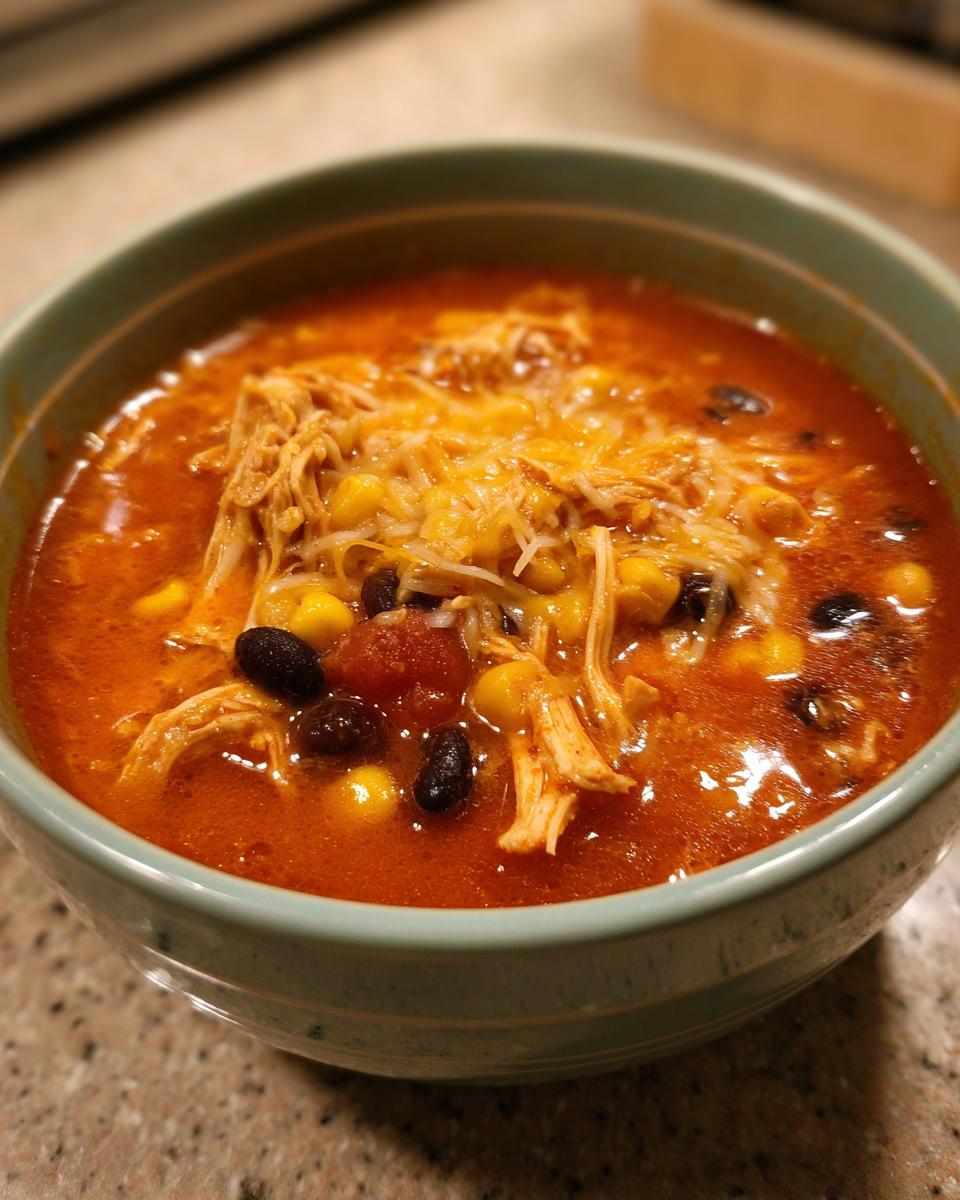 Close-up of a bowl of creamy chicken enchilada soup topped with shredded chicken, melted cheese, corn, and black beans.