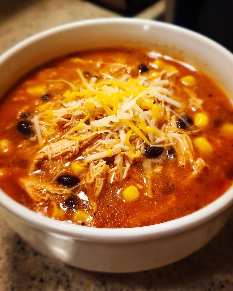 Close-up of a white bowl filled with creamy chicken enchilada soup, topped with shredded chicken, corn, black beans, and shredded cheese.