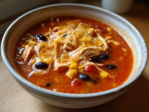 Close-up of a hearty bowl of creamy chicken enchilada soup topped with shredded cheese, black beans, and corn.