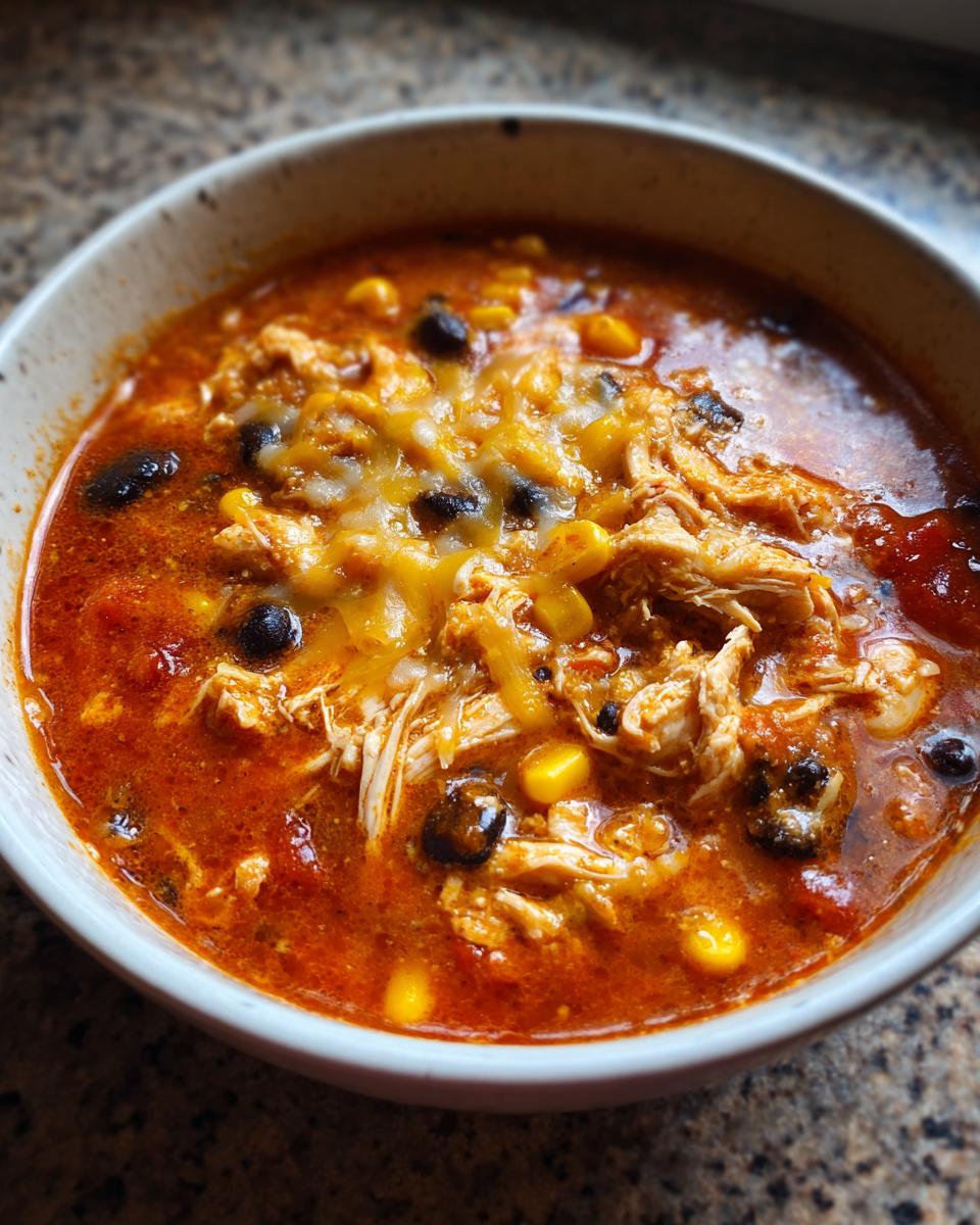 Close-up of a bowl of creamy chicken enchilada soup topped with shredded chicken, black beans, corn, and melted cheese.