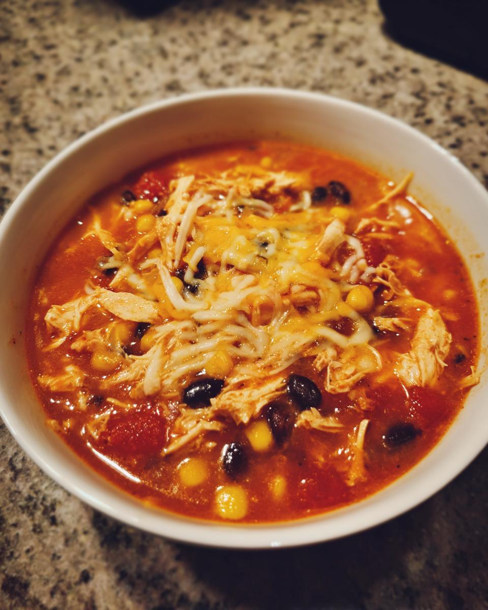 A close-up of a bowl of creamy chicken enchilada soup topped with shredded chicken, black beans, corn, and melted cheese.