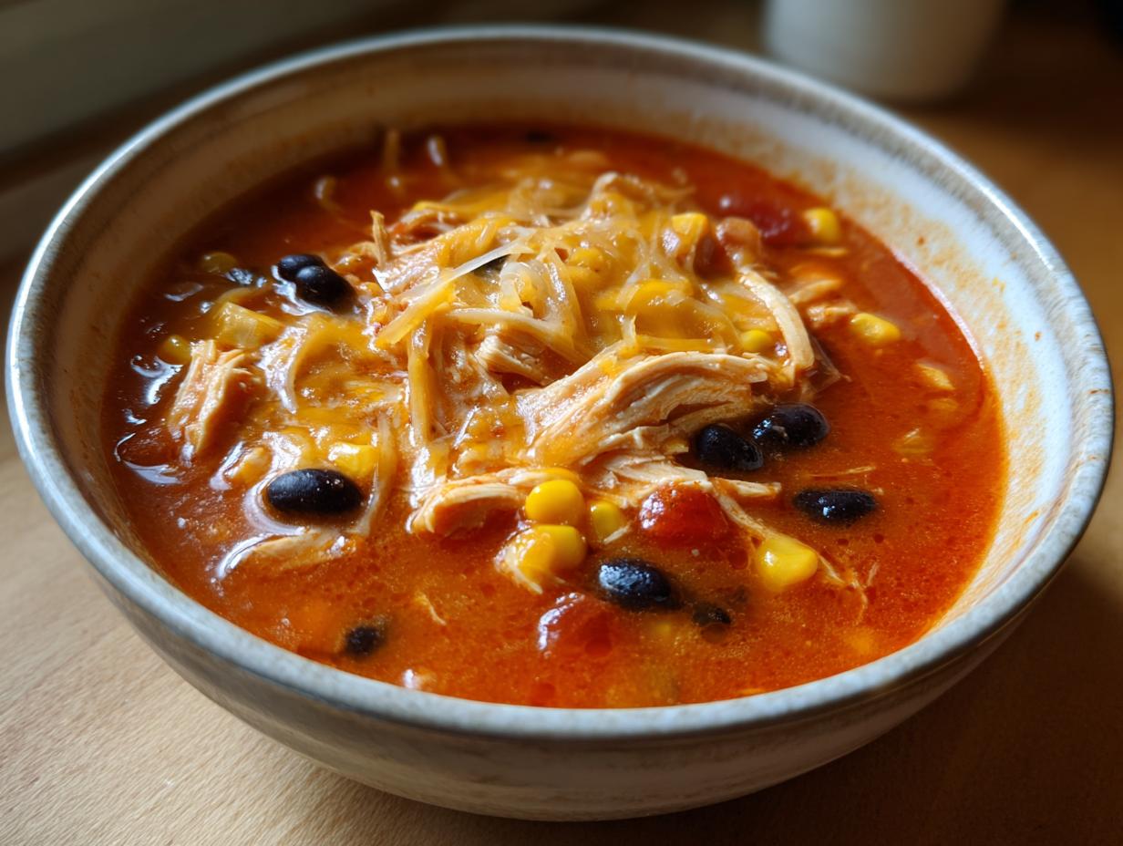 Close-up of a hearty bowl of creamy chicken enchilada soup topped with shredded cheese, black beans, and corn.
