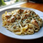 A close-up of creamy chicken fettuccine alfredo pasta topped with grilled chicken pieces and fresh parsley.