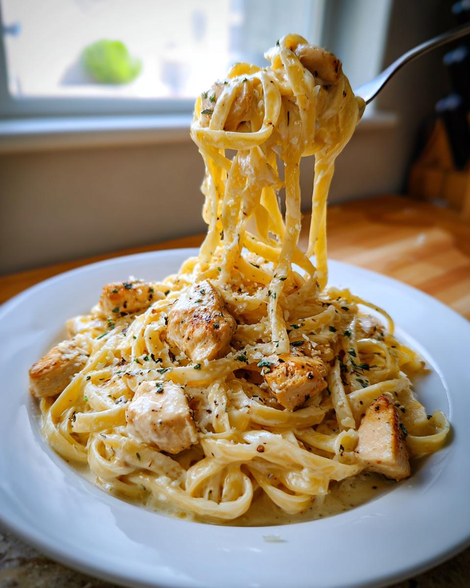 A fork lifting strands of creamy chicken fettuccine alfredo from a white plate, showing chunks of seasoned chicken.