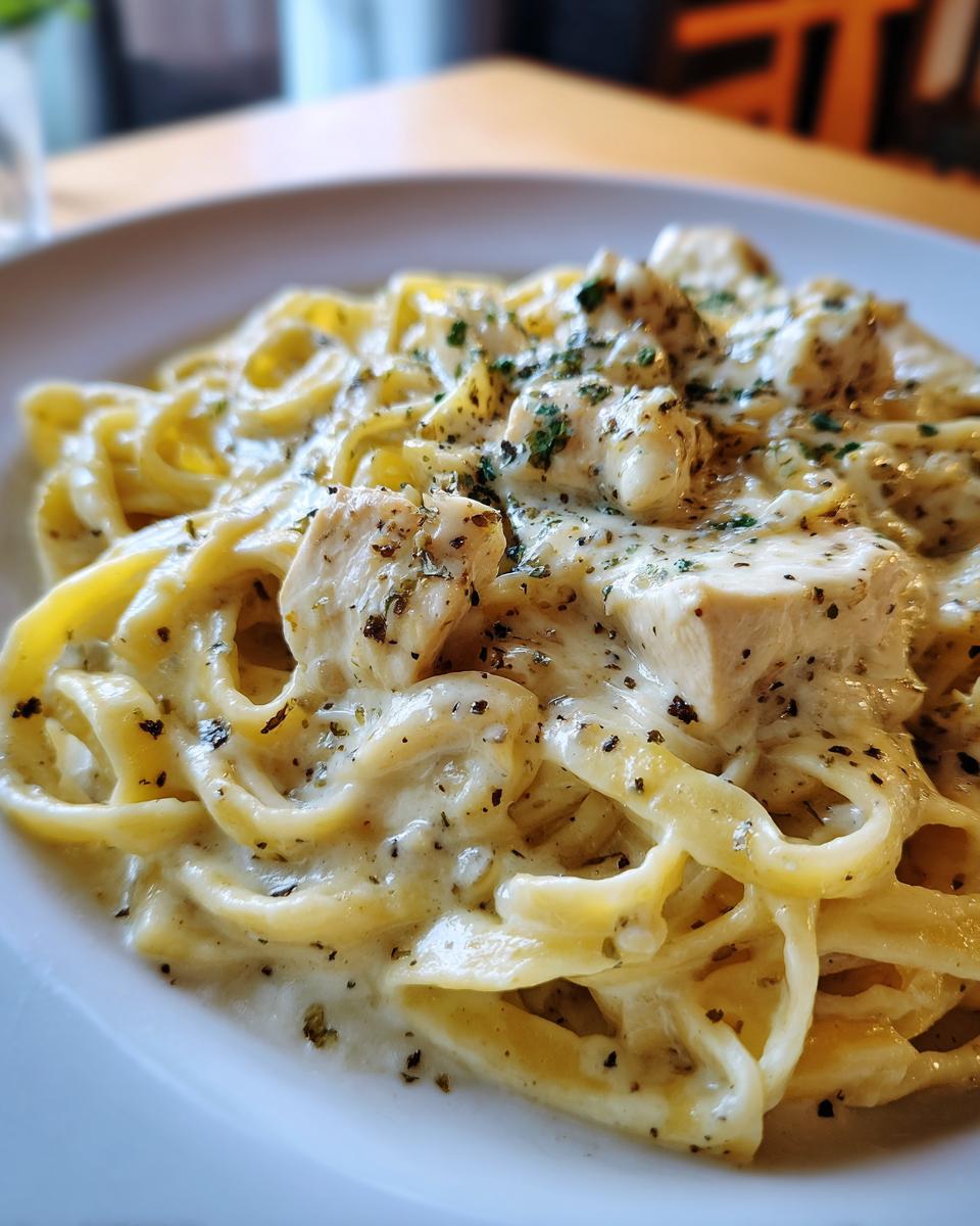 Close-up of a serving of creamy chicken pasta, featuring fettuccine noodles coated in a rich white sauce and topped with diced chicken and dried herbs.