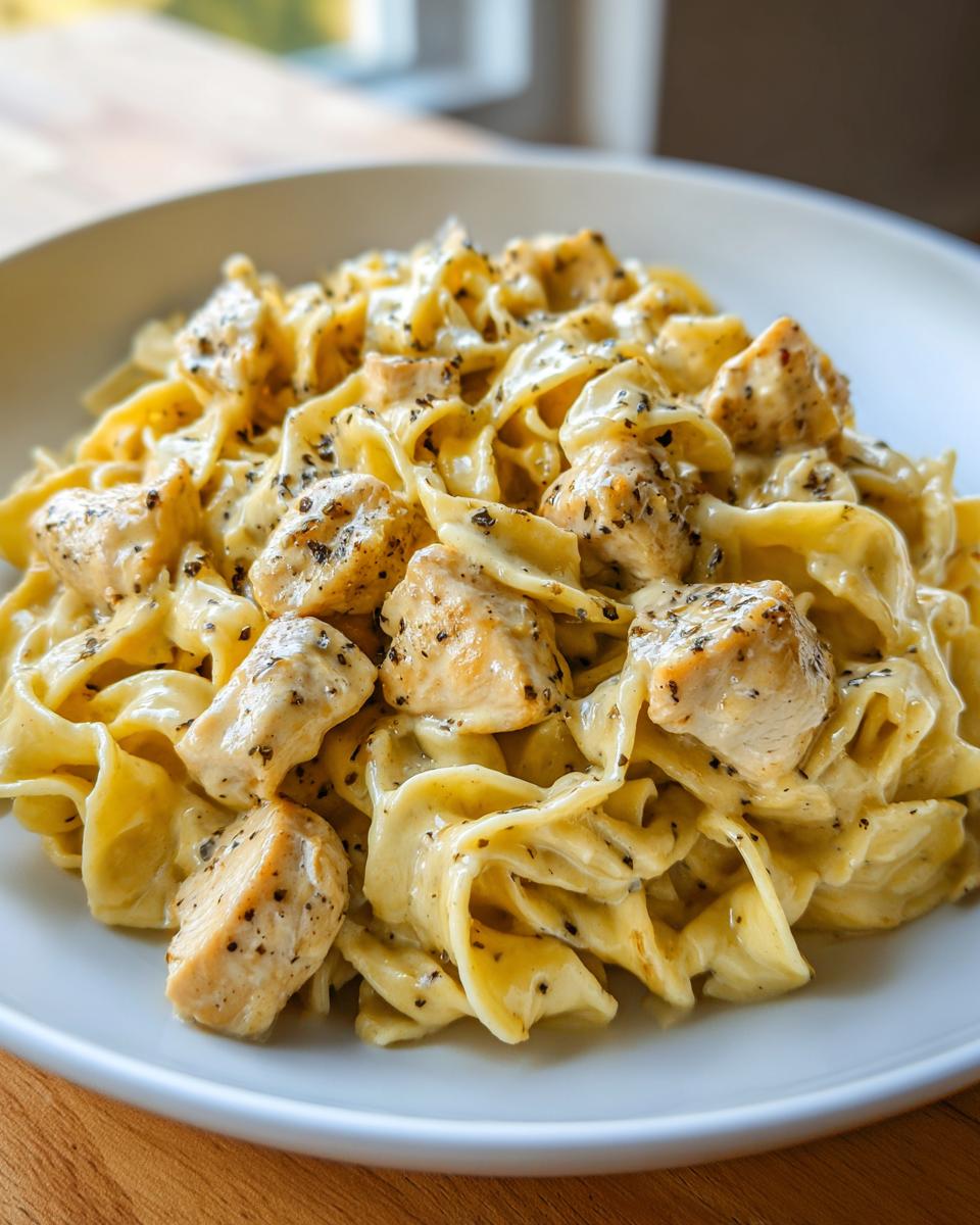 Close-up of creamy chicken pasta featuring wide egg noodles coated in a rich sauce and topped with seasoned chicken pieces.