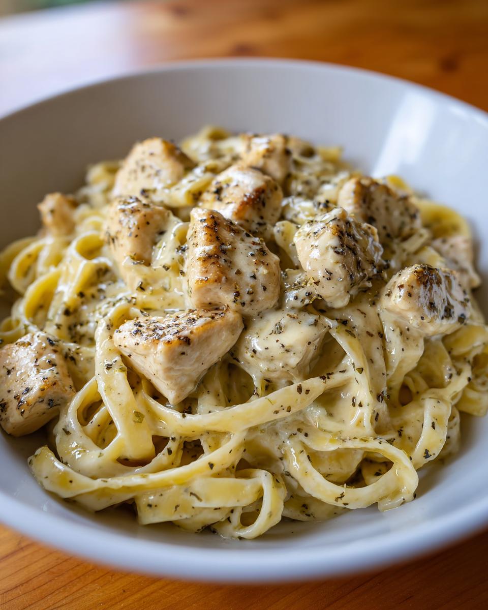 Close-up of creamy chicken pasta featuring fettuccine noodles coated in a rich white sauce and topped with seasoned chicken pieces.