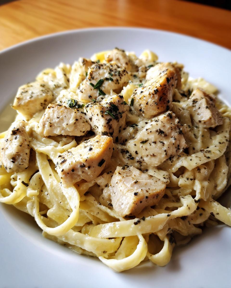 Close-up of creamy chicken pasta featuring fettuccine noodles and seasoned chicken pieces.