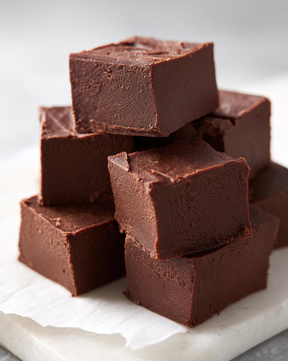 A stack of rich, dark chocolate fudge squares resting on white parchment paper.