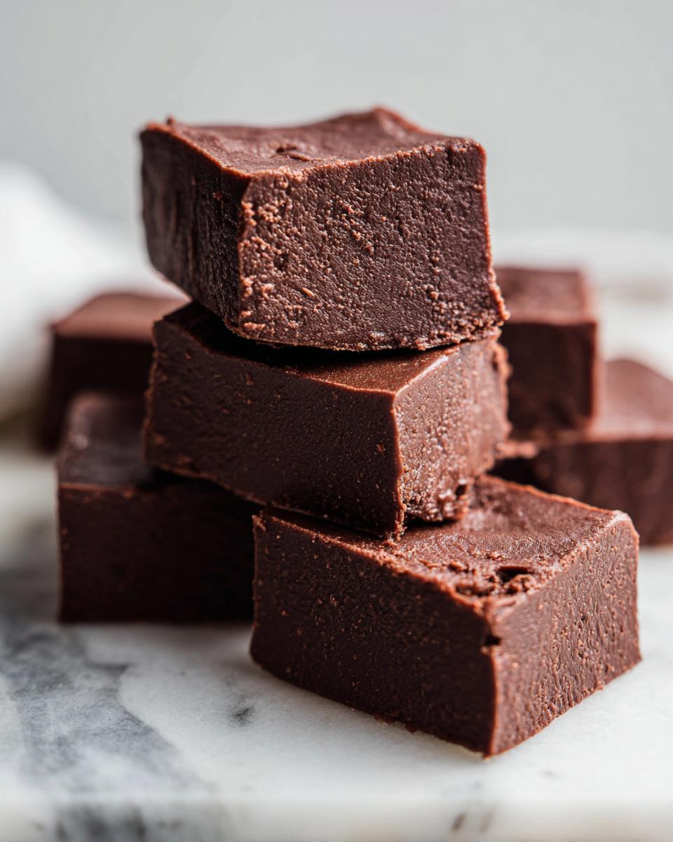 A stack of rich, dark chocolate fudge squares resting on a white marble surface.