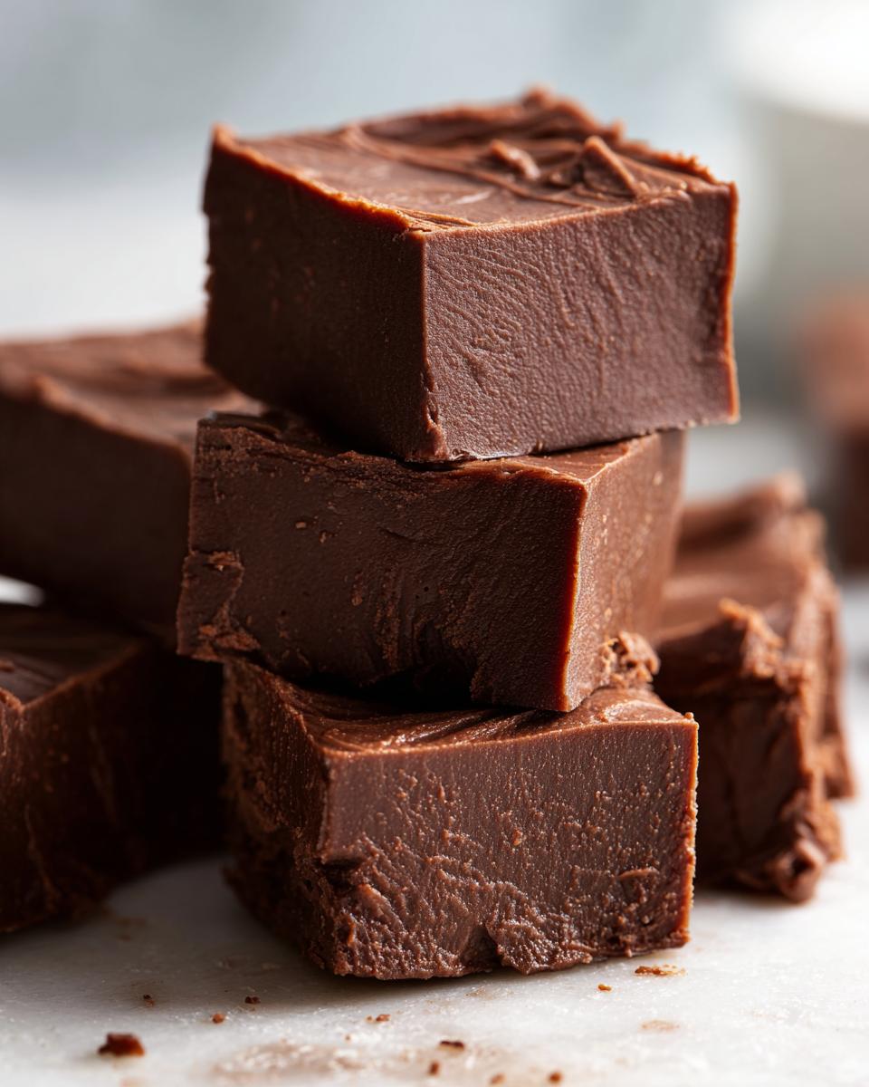 A stack of rich, dark chocolate fudge squares showing a creamy texture, perfect for a 3-ingredient fudge recipe.