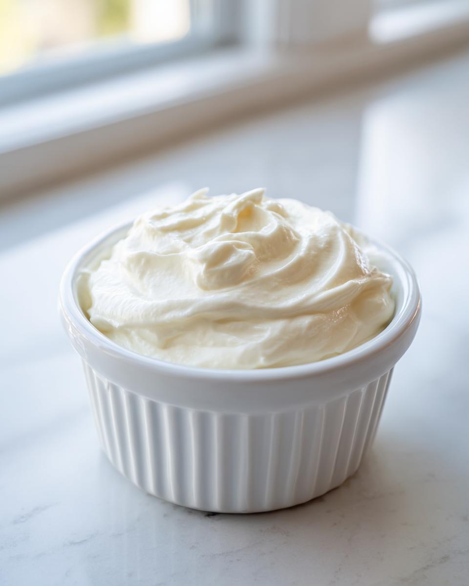 A small white ramekin filled with creamy, whipped horseradish sauce, sitting on a white marble counter.