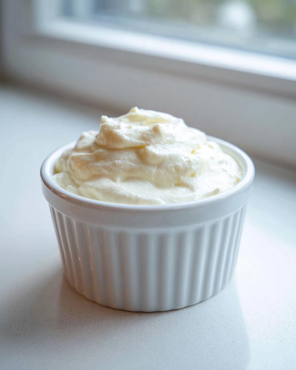 A small white ramekin filled with fluffy, creamy horseradish sauce, set on a light countertop.