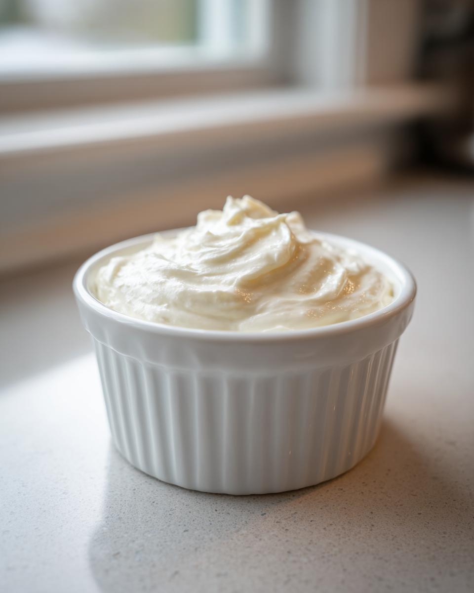 A small white ramekin filled with creamy, whipped horseradish sauce, sitting on a light countertop.