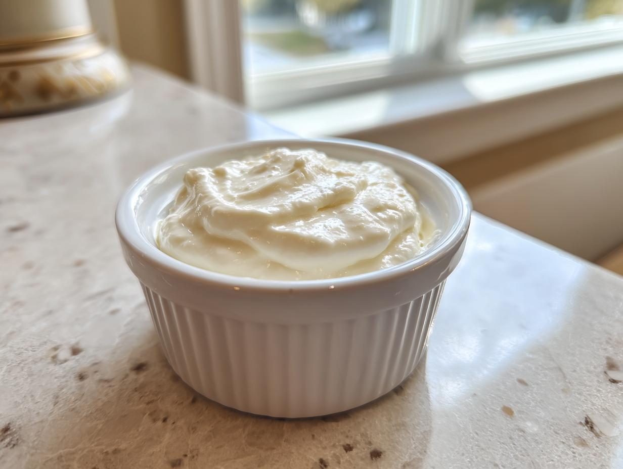 A small white ramekin filled with creamy white horseradish sauce, sitting on a light countertop.
