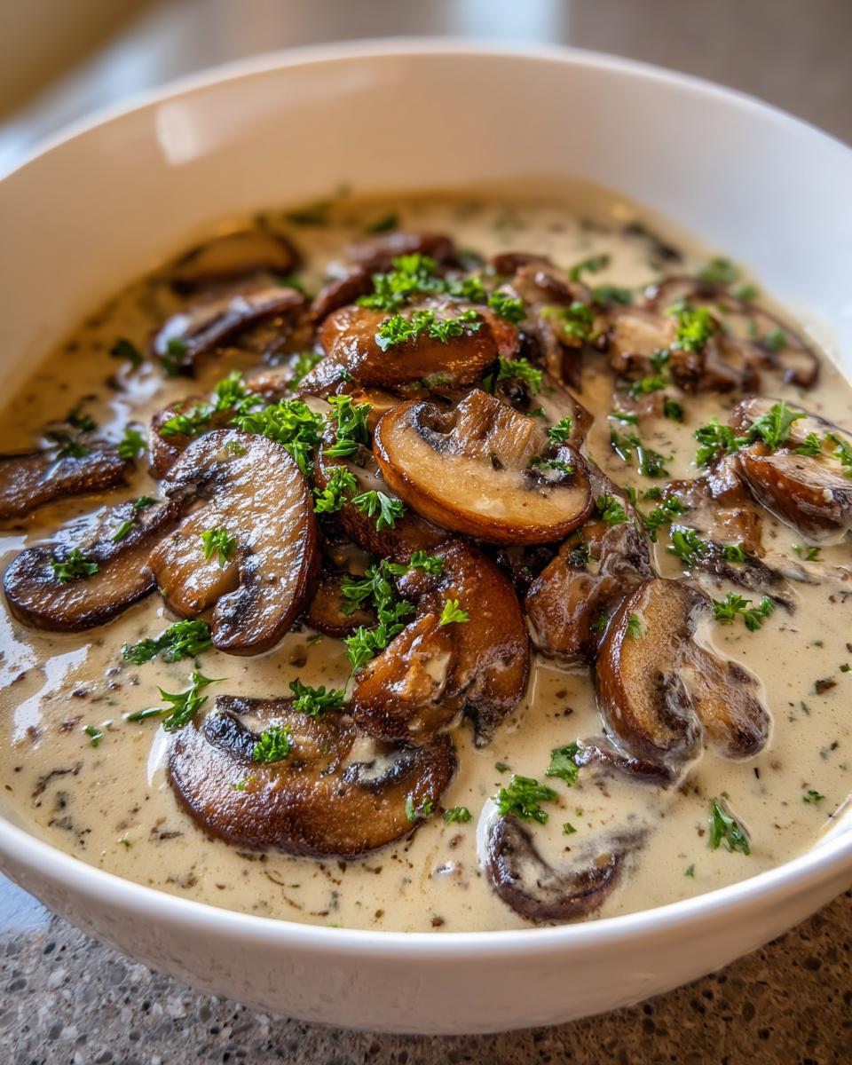 Close-up of rich, creamy mushroom sauce filled with browned mushroom slices and garnished with fresh parsley.