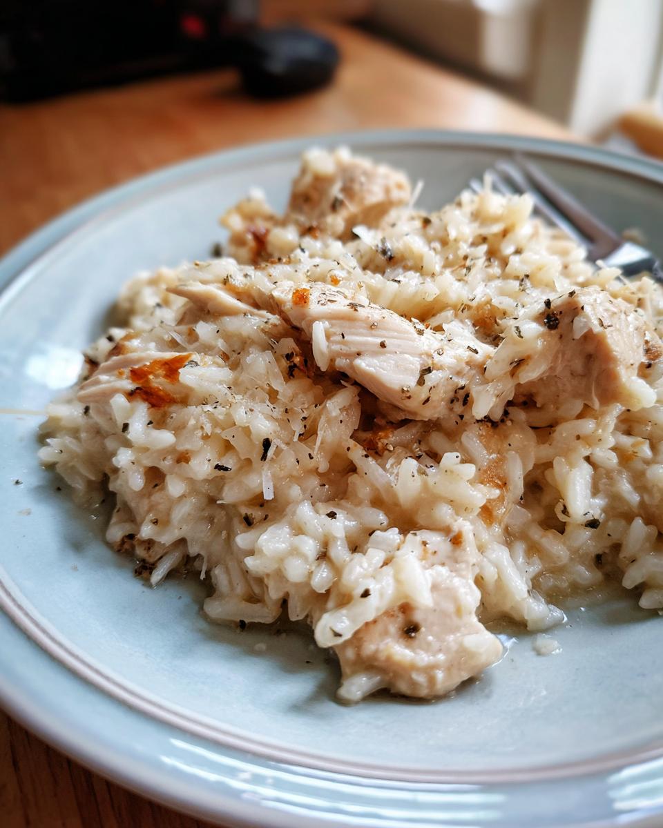 Close-up of a serving of creamy one pot chicken and rice topped with herbs and pepper on a light blue plate.