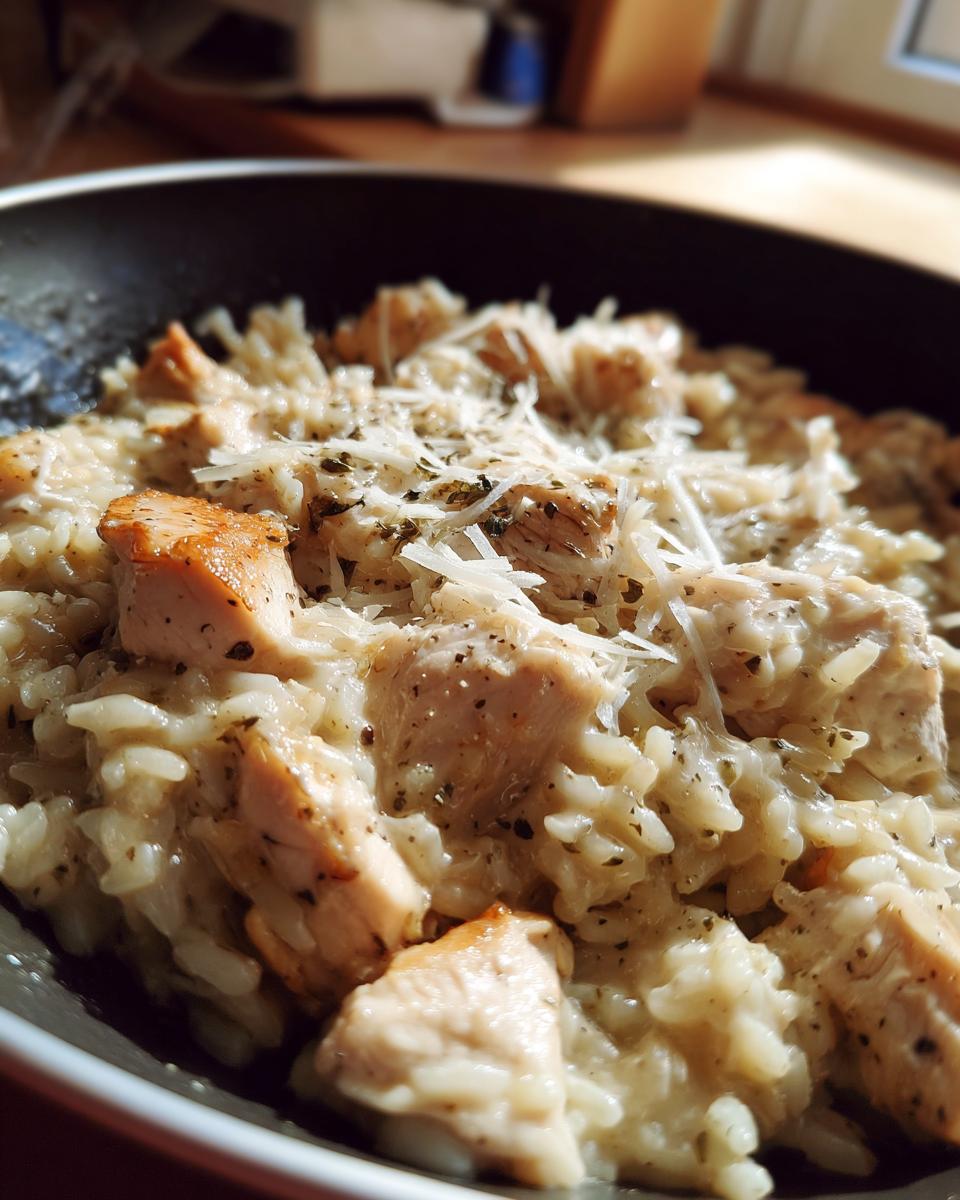 Close-up of creamy one pot chicken and rice topped with shredded Parmesan cheese and herbs in a dark skillet.