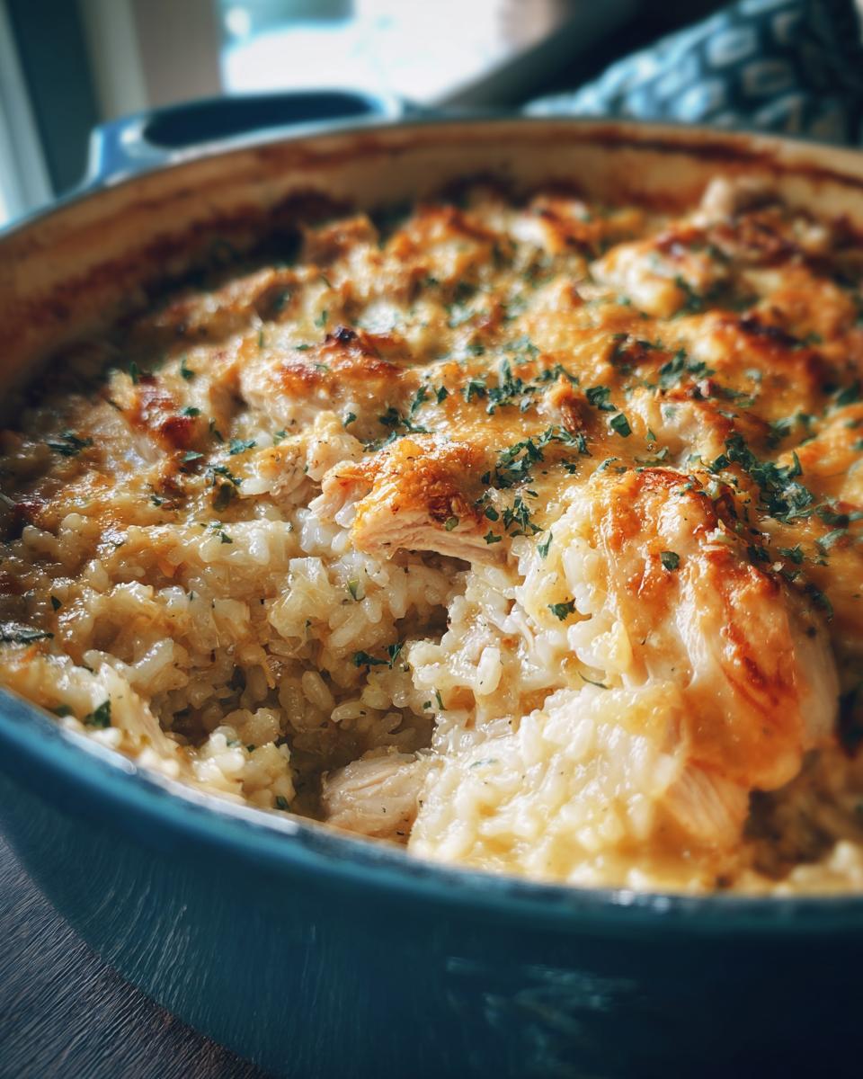 Close-up of creamy one pot chicken and rice baked with a cheesy, browned top and sprinkled with parsley.