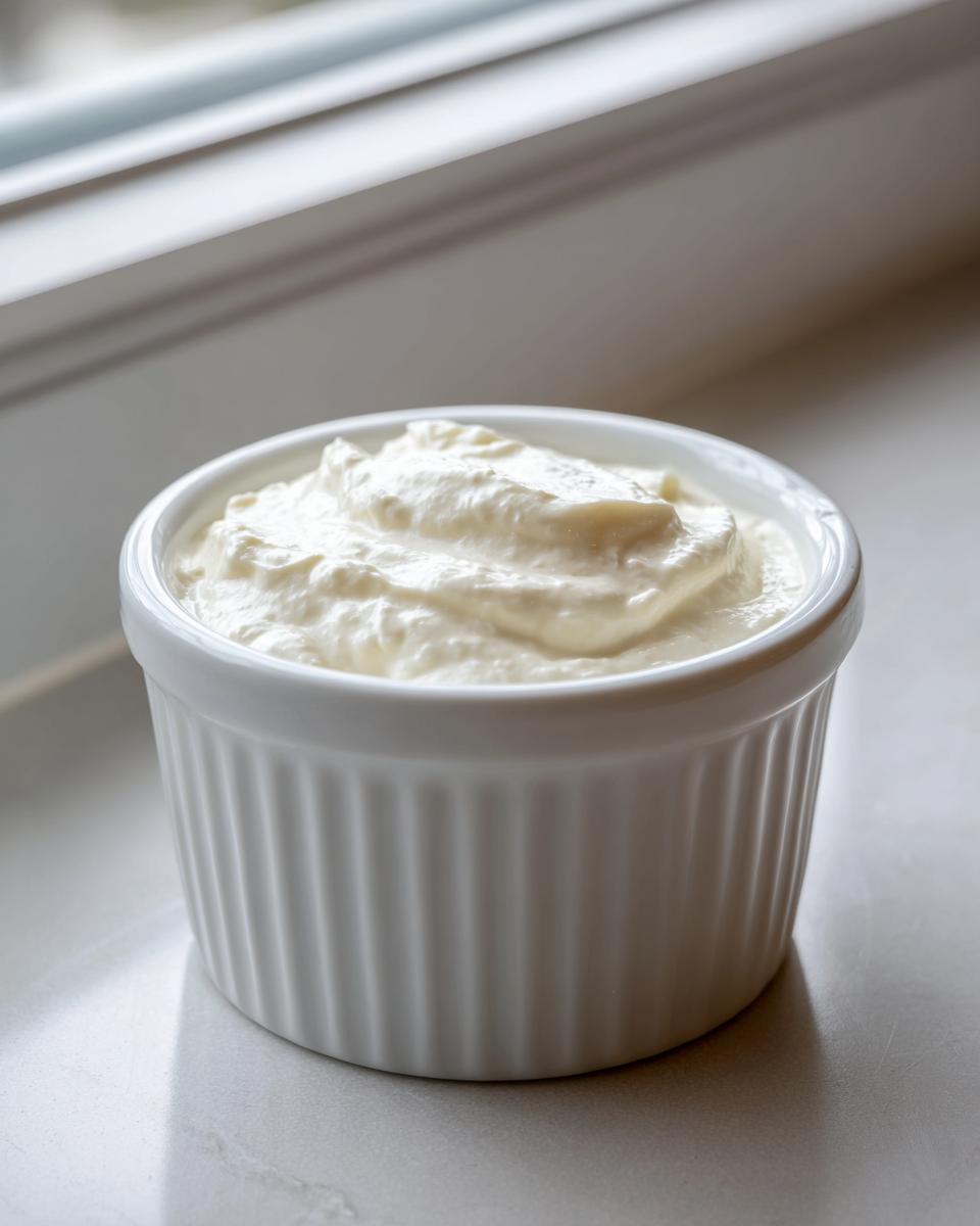 A small white ramekin filled with creamy white sauce, likely for serving with horseradish.
