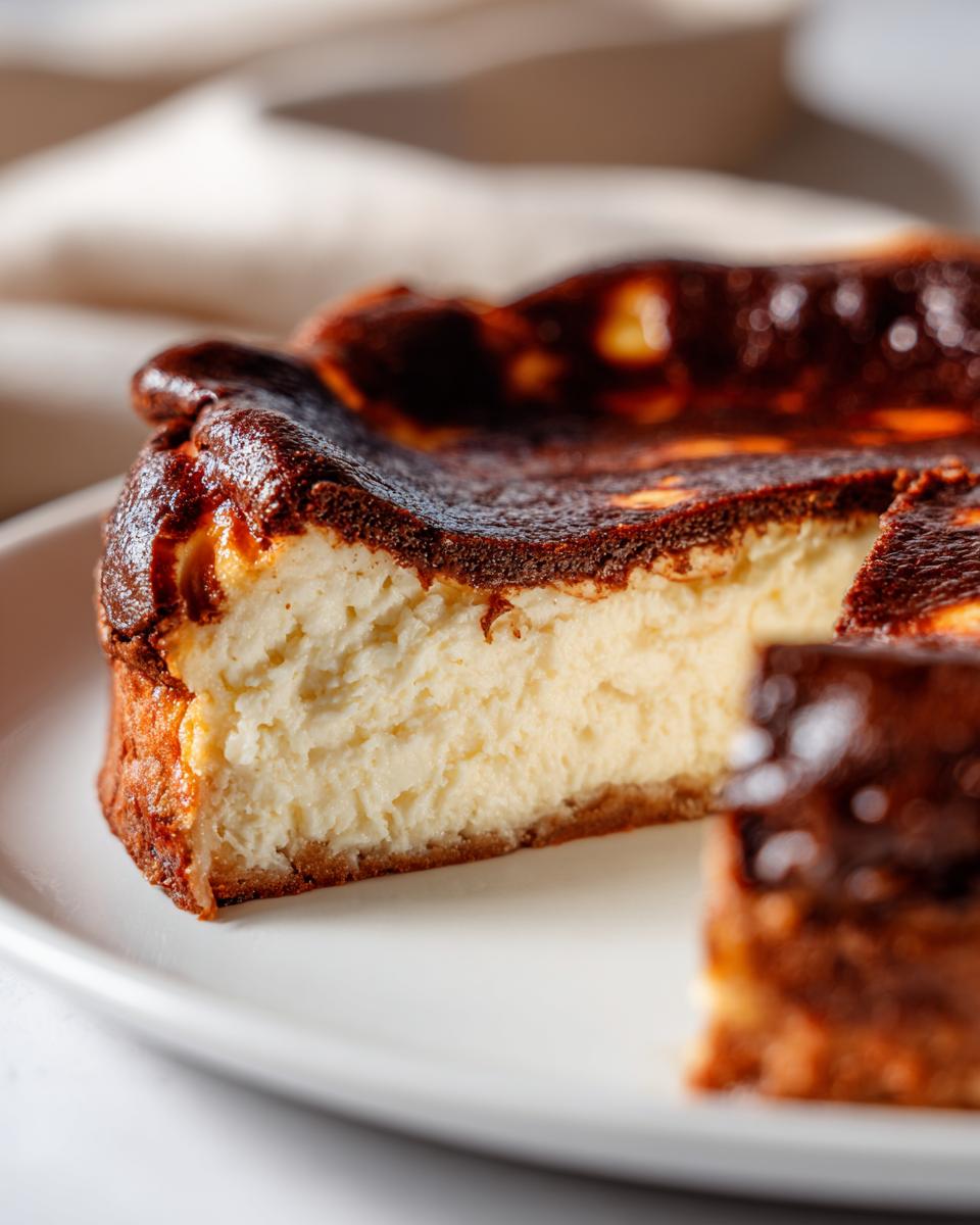 Close-up of a creamy slice of Basque cheesecake showing its signature dark, caramelized top and soft interior.