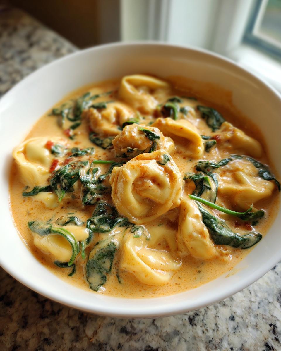 Close-up of a rich, creamy tortellini soup featuring cheese tortellini and wilted spinach in a white bowl.