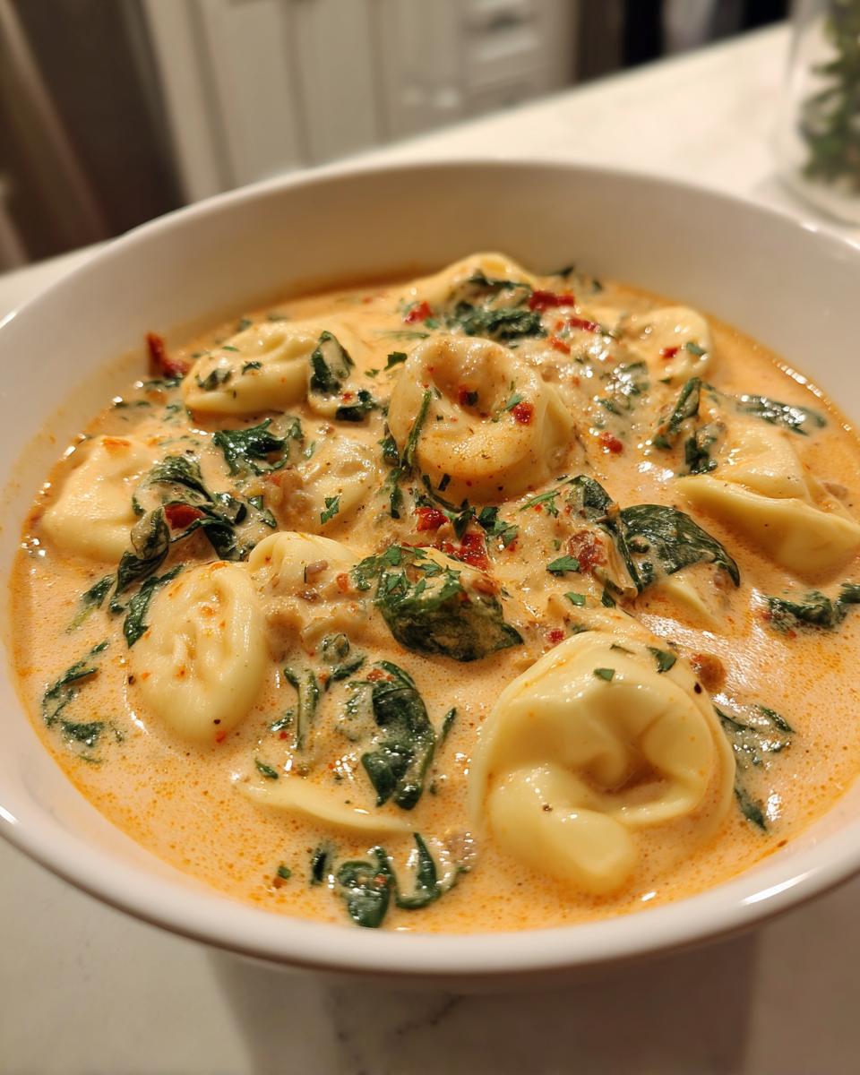 Close-up of a creamy tortellini soup featuring cheese tortellini, wilted spinach, and red pepper flakes in a white bowl.
