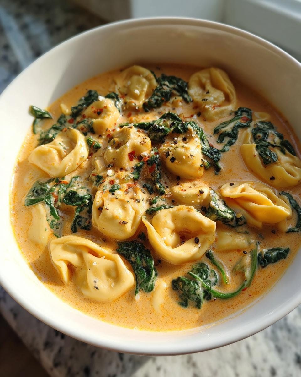 Close-up of a creamy tortellini soup with wilted spinach, topped with pepper flakes and seasoning.
