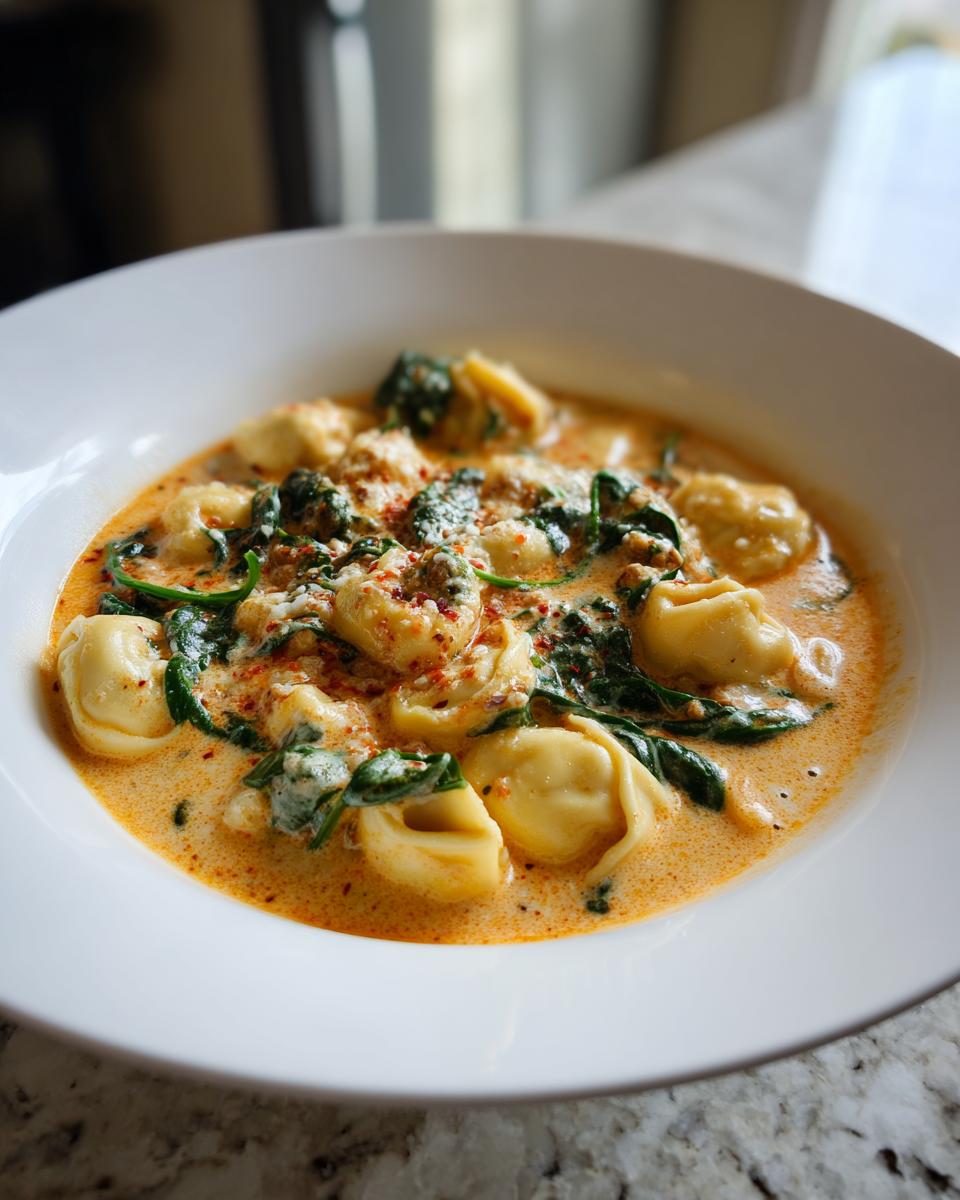 Close-up of creamy tortellini soup with spinach and red pepper flakes in a white bowl.