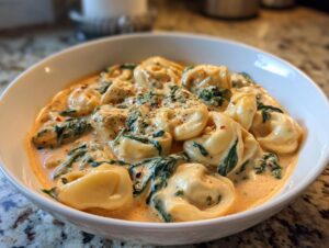 Close-up of a white bowl filled with creamy tortellini soup featuring spinach and topped with pepper flakes.