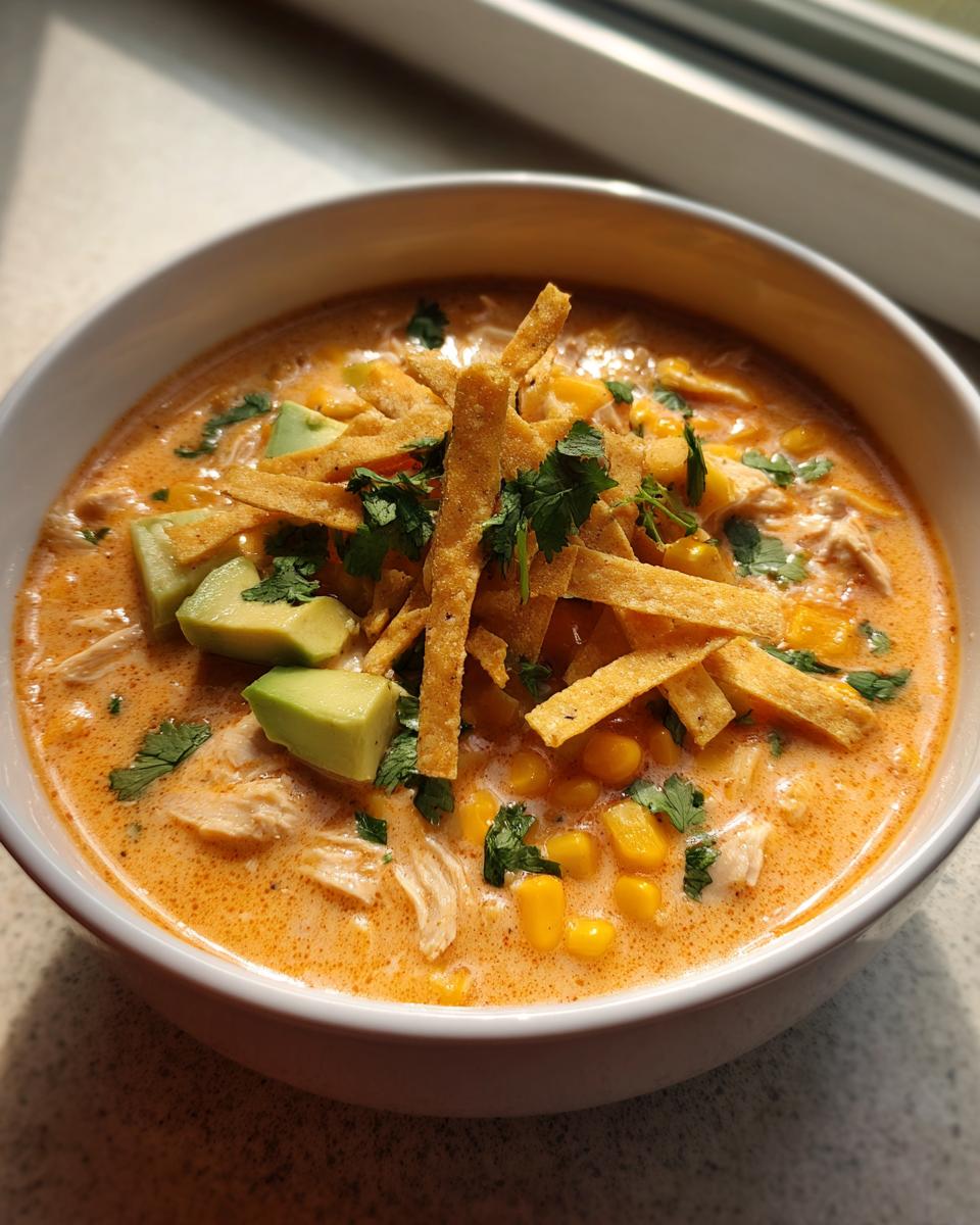 Close-up of a bowl of creamy tortilla soup topped with avocado chunks, corn, cilantro, and crispy tortilla strips.