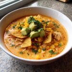A close-up of creamy tortilla soup topped with avocado chunks, shredded cheese, tortilla strips, and cilantro.